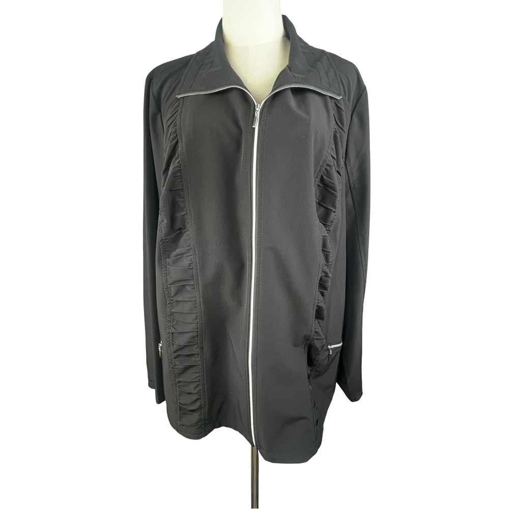 Zenergy by Chico’s Women's Black Full Zip Jacket Ruffled Trim Zipper Pockets Sz3